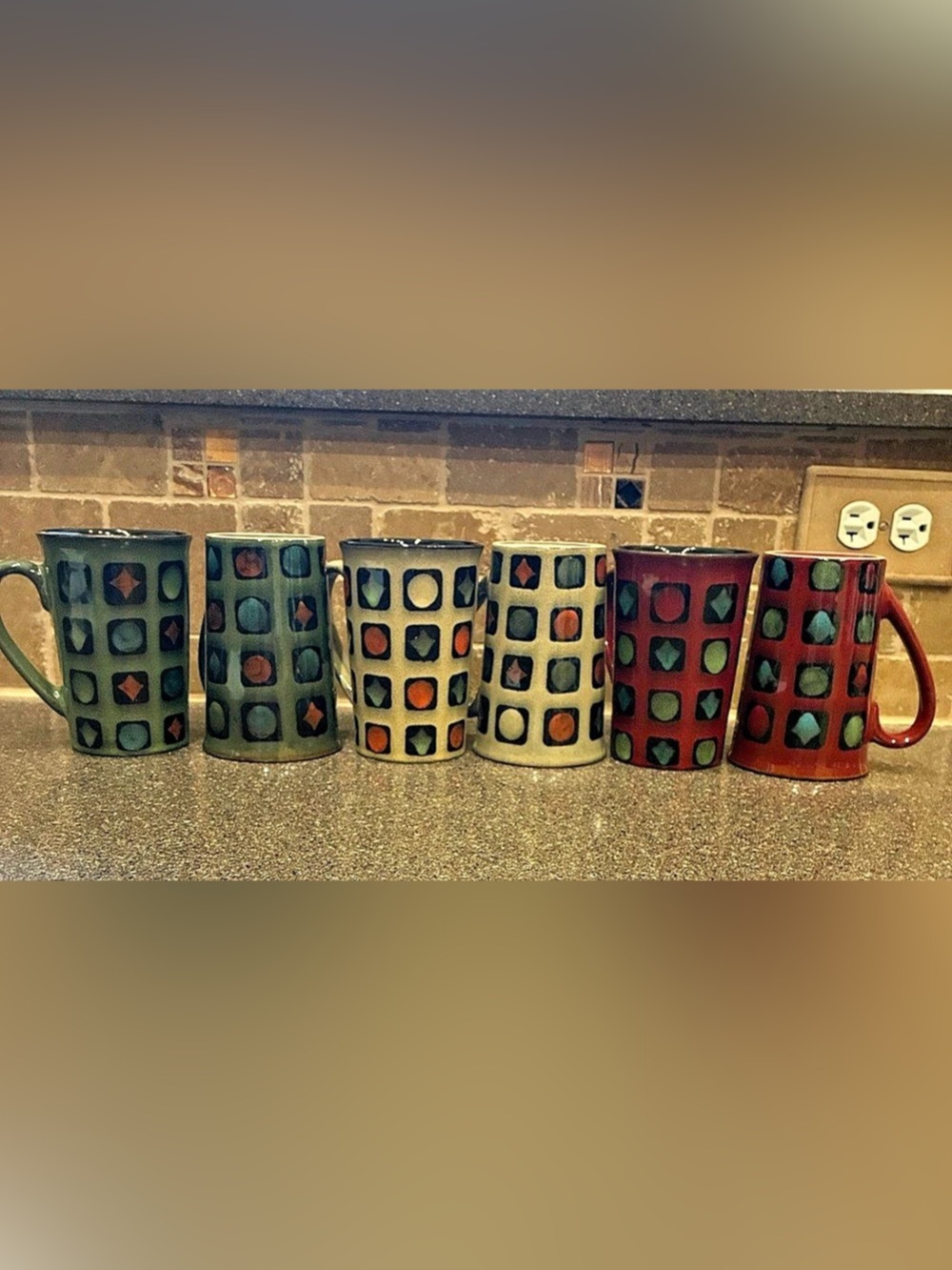 Geometric Ceramic Mugs Set of 6 Multicolor & Red